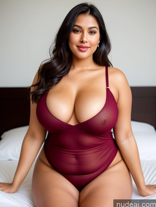 ai nude image of araffed woman in a red swimsuit sitting on a bed pics of One Big Ass Indian Bright Lighting Perfect Boobs Beautiful Chubby Long Legs Perfect Body 30s Seductive Happy Black Hair Ponytail Bedroom Alternative Shirt Sexy Face Model Orgasm Pouting Lips Polo Spreading Legs Cleavage Nightgown