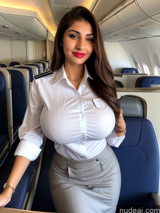 ai nude image of araffe woman in a skirt and shirt on a plane pics of Woman Perfect Boobs Perfect Body Pubic Hair 18 Detailed Ponytail Lipstick Arabic Flight Attendant Shirt Huge Boobs