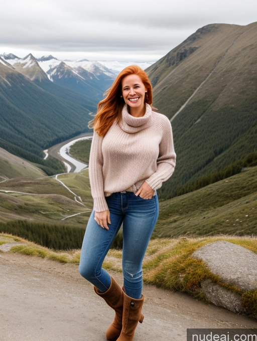 ai nude image of arafed woman in a sweater and boots standing on a mountain pics of One Perfect Boobs 40s Happy Long Hair Mountains Front View Jeans Boots Model Sweater Ginger Dutch