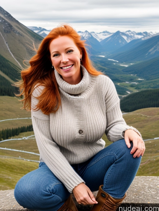 ai nude image of smiling woman sitting on a rock with mountains in the background pics of One Perfect Boobs 40s Happy Long Hair Mountains Front View Jeans Boots Model Sweater Ginger Dutch