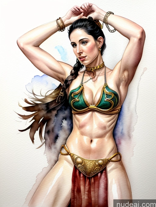 ai nude image of arafed woman in a bikini with a chain around her neck pics of White Fairer Skin Front View Long Hair 30s Black Hair Jewelry Abs Tall Athlete Slavekini, Aka Slave Leia Outfit Watercolor