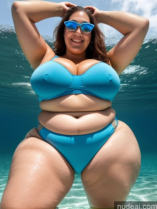 ai nude image of araffe woman in a blue bikini posing in the ocean pics of Woman One Busty Huge Boobs Sunglasses Lipstick Big Ass Thick Chubby Fat Big Hips 20s Happy Brunette Ponytail White Front View T-pose Sports Bra Underwater