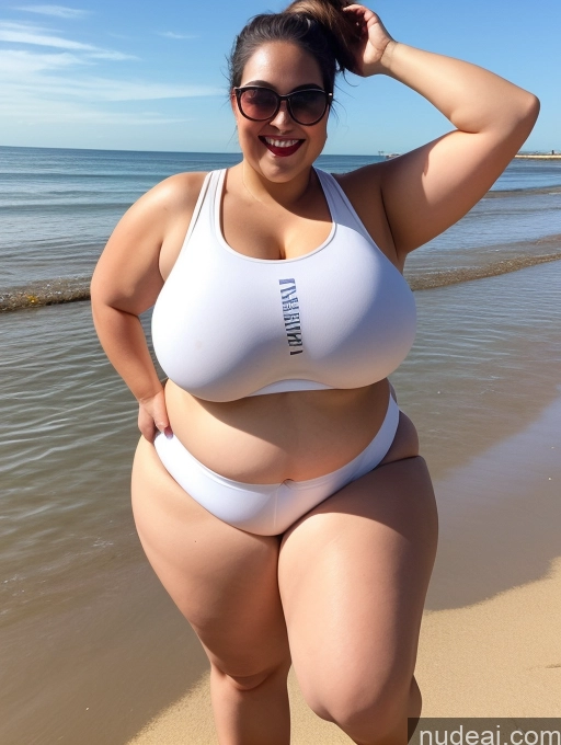 ai nude image of araffe woman in white bikini standing on beach next to ocean pics of Woman One Busty Huge Boobs Sunglasses Lipstick Big Ass Thick Chubby Fat Big Hips 20s Happy Brunette Ponytail White Front View T-pose Sports Bra Beach