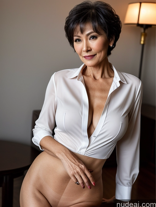 ai nude image of there is a woman in a white shirt posing for a picture pics of Milf Perfect Boobs Perfect Body Pubic Hair 70s Pixie Chinese Spreading Legs Nude Blouse Casual Professor Shirt Stylish Suit Dark Lighting Detailed