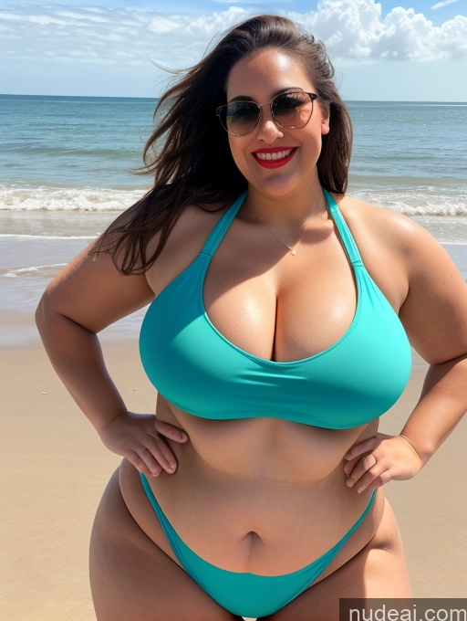 ai nude image of araffe woman in a blue bikini posing on the beach pics of Woman One Busty Huge Boobs Sunglasses Lipstick Big Ass Thick Chubby Fat Big Hips 20s Happy Brunette Ponytail White Front View T-pose Beach Sports Sports Bra Bikini Microkini Thong