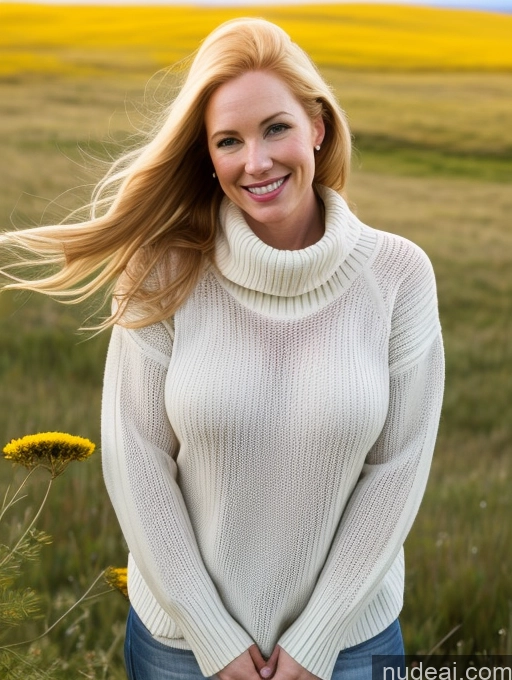 ai nude image of arafed woman in a white sweater standing in a field pics of One Fairer Skin 40s Happy Blonde Long Hair Irish Meadow Front View Jeans Boots Sweater Busty