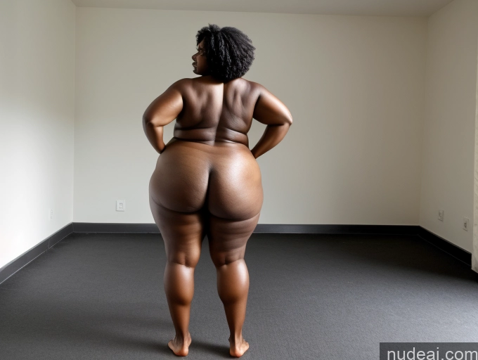 ai nude image of there is a woman that is standing in a room with a big butt pics of Huge Boobs Big Ass Big Hips Abs Dark Skin 80s White Hair Black Nude Fat Bright Lighting T-pose