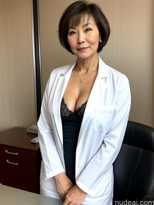 ai nude image of arafed woman in a white lab coat standing in front of a desk pics of Milf Two Perfect Boobs Perfect Body Pubic Hair Short Hair 80s Chinese Office Doctor Lab Coat Cleavage Dark Lighting Sexy Face