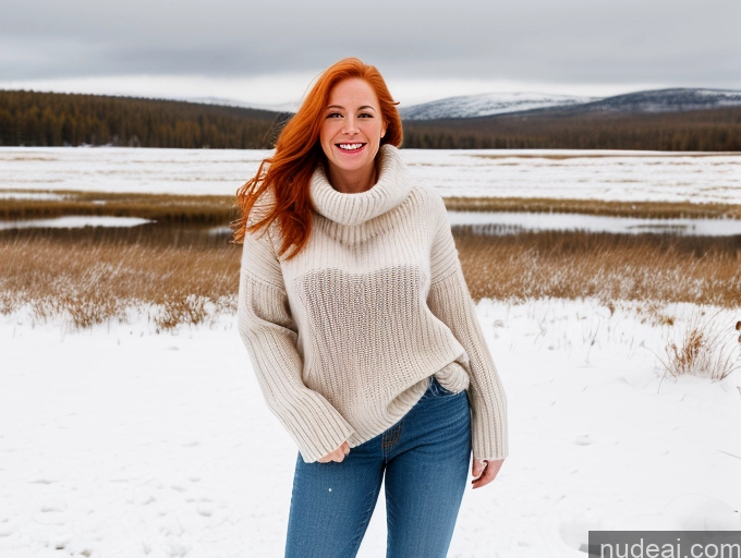 ai nude image of arafed woman in a sweater and jeans standing in the snow pics of One Fairer Skin 40s Happy Long Hair Front View Jeans Boots Perfect Boobs Snow Sweater Blonde Model Irish