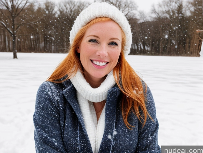 ai nude image of smiling woman in winter coat and hat in snow covered park pics of One Fairer Skin 40s Happy Long Hair Front View Jeans Boots Perfect Boobs Snow Sweater Blonde Model Irish