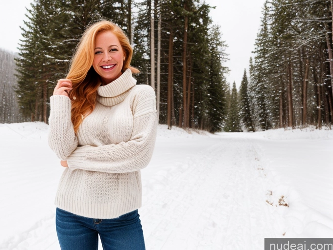 ai nude image of arafed woman in a white sweater and jeans standing in the snow pics of One Fairer Skin 40s Happy Long Hair Front View Jeans Boots Perfect Boobs Snow Sweater Blonde Model Irish