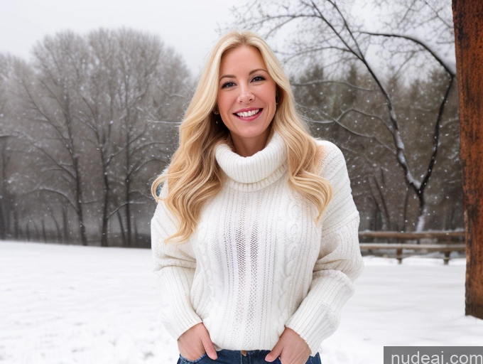 ai nude image of blond woman in white sweater and jeans standing in snow covered park pics of One Fairer Skin 40s Happy Long Hair Front View Jeans Boots Perfect Boobs Snow Sweater Model Blonde Russian