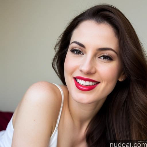 ai nude image of smiling woman with long brown hair and bright red lipstick pics of Woman Beautiful Fairer Skin Lipstick 20s Laughing Brunette Brazilian Bedroom Short Shorts Close-up View Sexy Face Long Hair Seductive