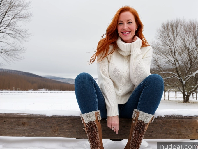 ai nude image of arafed woman sitting on a bench in the snow with her legs crossed pics of One Fairer Skin 40s Happy Long Hair Front View Jeans Boots Perfect Boobs Snow Sweater Model Blonde Irish