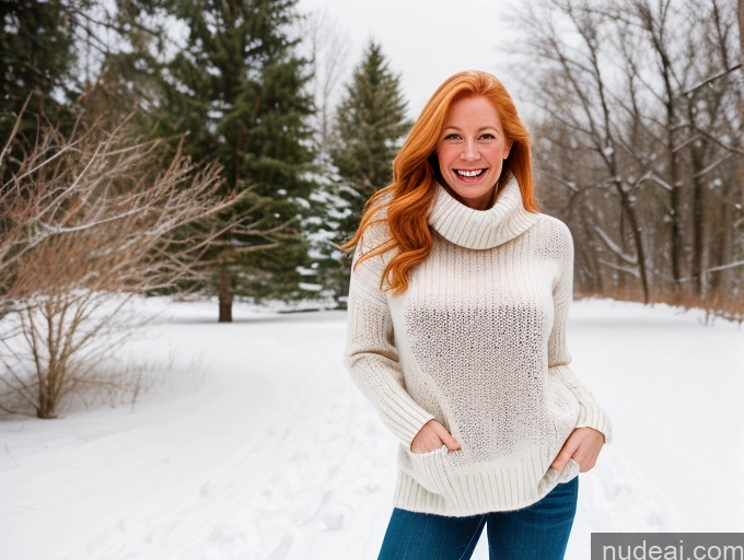 ai nude image of arafed woman in a white sweater and jeans standing in the snow pics of One Fairer Skin 40s Happy Long Hair Front View Perfect Boobs Snow Blonde Irish Model Boots Sweater