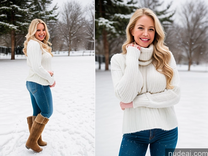 ai nude image of arafed woman in a white sweater and jeans posing for a picture pics of One Fairer Skin 40s Happy Long Hair Front View Perfect Boobs Snow Blonde Model Boots Sweater Jeans