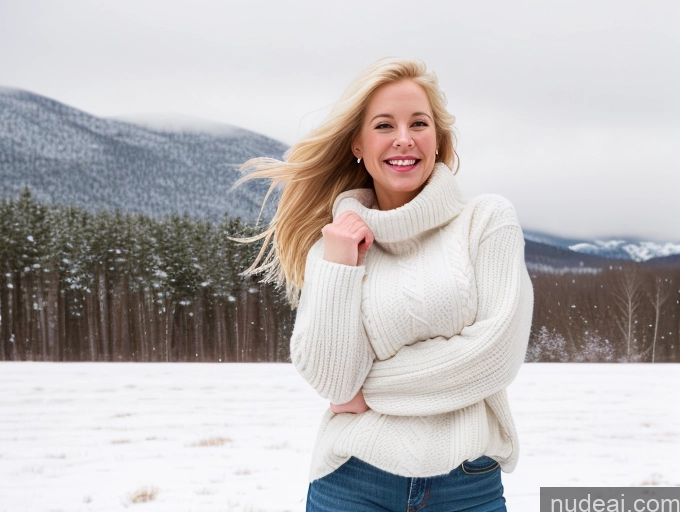 ai nude image of blond woman in a white sweater and jeans posing in a snowy field pics of One Fairer Skin 40s Happy Long Hair Front View Perfect Boobs Snow Blonde Model Boots Sweater Jeans