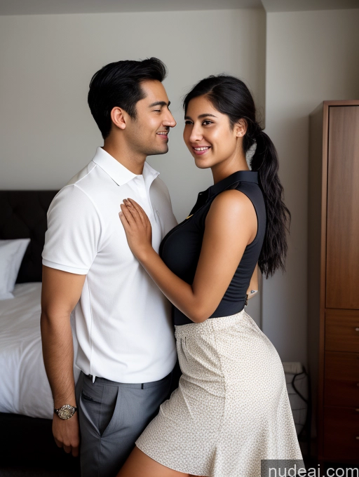 ai nude image of they are posing for a picture in a hotel room pics of Perfect Boobs Big Ass Chubby Long Legs Perfect Body 30s Seductive Happy Black Hair Ponytail Indian Front View Polo Dark Lighting Woman + Man Two Bedroom Undressing Another Shirt Long Skirt