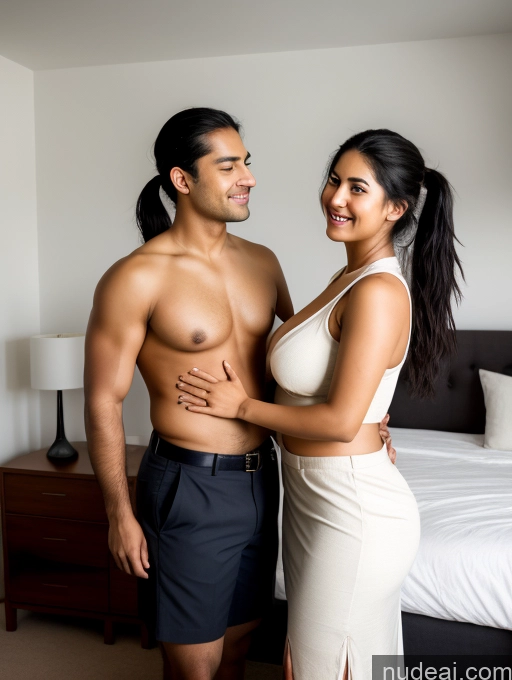 ai nude image of they are posing for a picture in a hotel room pics of Perfect Boobs Big Ass Chubby Long Legs Perfect Body 30s Seductive Happy Black Hair Ponytail Indian Front View Polo Dark Lighting Woman + Man Two Bedroom Undressing Another Shirt Long Skirt