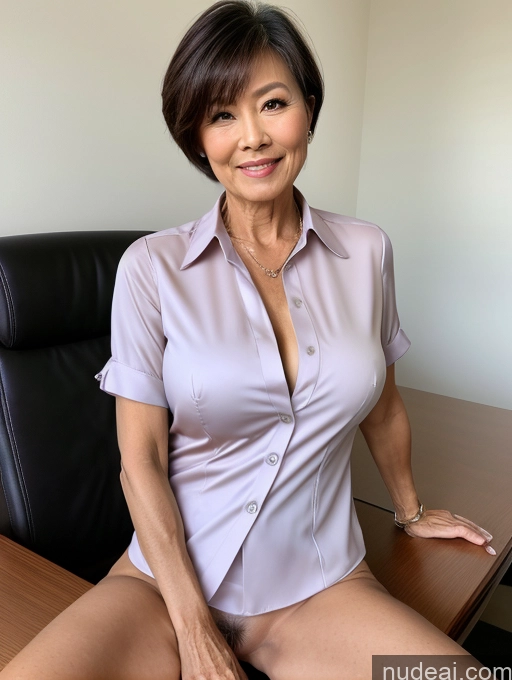 ai nude image of arafed asian woman sitting at a desk with a shirt on pics of Milf Perfect Boobs Perfect Body Pubic Hair 60s Pixie Chinese Spreading Legs Nude Blouse Casual Shirt Stylish Suit Teacher Detailed