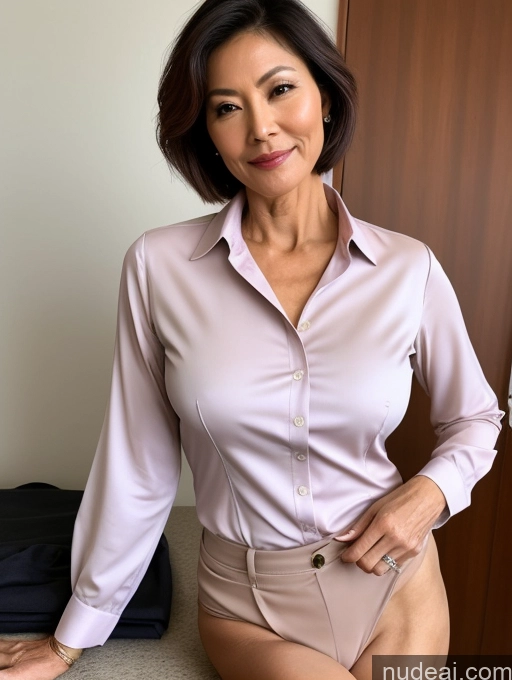 ai nude image of arafed asian woman in a pink shirt and tan shorts posing for a picture pics of Milf Perfect Boobs Perfect Body Pubic Hair 60s Pixie Chinese Spreading Legs Nude Blouse Casual Shirt Stylish Suit Teacher Detailed