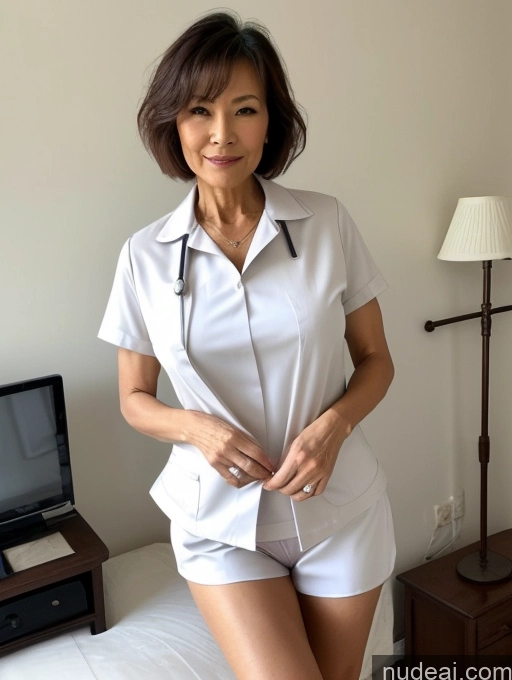 ai nude image of arafed woman in white shirt and shorts standing on bed pics of Milf Perfect Boobs Perfect Body Pubic Hair 60s Pixie Chinese Spreading Legs Nude Blouse Casual Nurse Shirt Stylish Suit Detailed