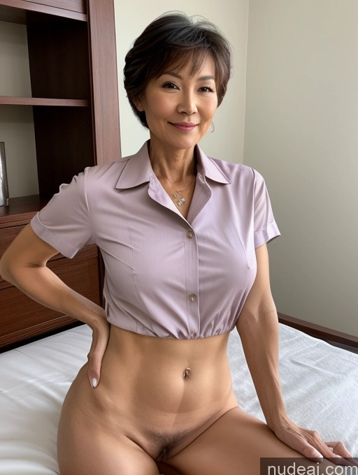 ai nude image of arafed asian woman in a short sleeved shirt posing on a bed pics of Milf Perfect Boobs Perfect Body Pubic Hair 60s Pixie Chinese Spreading Legs Nude Blouse Casual Nurse Shirt Stylish Suit Detailed