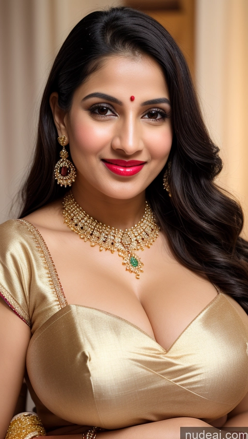 ai nude image of a close up of a woman wearing a gold dress and a necklace pics of Woman Huge Boobs Beautiful Lipstick Big Hips Fairer Skin 50s Happy Seductive Black Hair Straight Indian Skin Detail (beta) Snow Sari Traditional Jewelry Gold Jewelry Bright Lighting Detailed