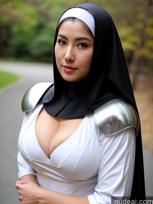 ai nude image of nun in white dress with black cape and silver arm armor pics of Busty Perfect Boobs Perfect Body Big Hips Oiled Body Sexy Face White Hair Bobcut Nun Sci-fi Armor Cleavage Jewelry Pearl Jewelry Japanese