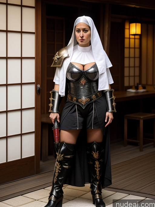 ai nude image of arafed woman dressed in a nun costume standing in a room pics of Busty Perfect Boobs Perfect Body Oiled Body Big Hips Sexy Face White Hair Bobcut Japanese Onsen Nun Khorne Cleavage Jewelry 30s Sci-fi Armor Transparent