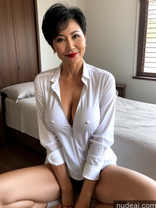 ai nude image of there is a woman sitting on a bed with a white shirt pics of Milf Perfect Boobs Lipstick 50s Pixie Vietnamese Bedroom Spreading Legs Casual Shirt Underwear Dark Lighting Blouse Topless Tunic Stylish