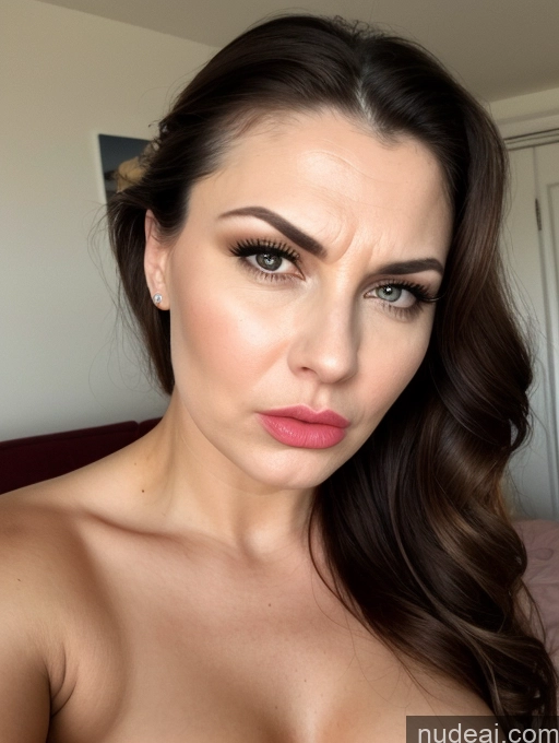 ai nude image of arafed woman with a big breast posing for a picture pics of Milf Fairer Skin Beautiful Angry Shocked Sad Sexy Face Bedroom Bright Lighting Front View 30s Hair Bun Big Ass Big Hips Perfect Boobs Small Tits Pouting Lips