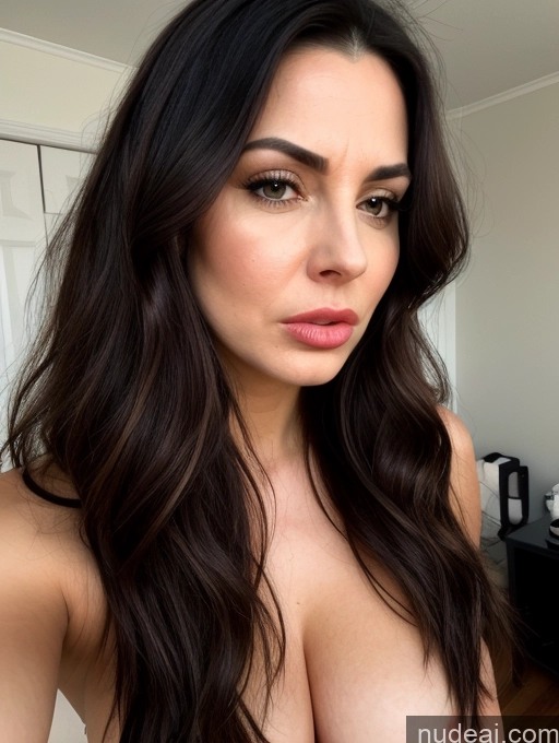 ai nude image of a close up of a woman with long dark hair and a big breast pics of Milf Fairer Skin Beautiful Angry Shocked Sad Bedroom Bright Lighting Front View 30s Big Ass Big Hips Perfect Boobs Small Tits Pouting Lips Long Hair Massage