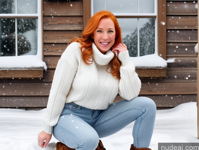 ai nude image of woman in white sweater and jeans sitting on snow covered porch pics of One 40s Happy Long Hair Snow Front View Model Jeans Boots Sweater Perfect Boobs Irish Blonde