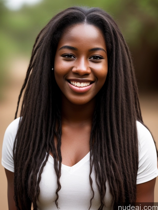 ai nude image of smiling woman with long hair and white shirt in a wooded area pics of Happy Long Hair Woman 18 Black Hair Dark Skin Front View Nigerian Tribal