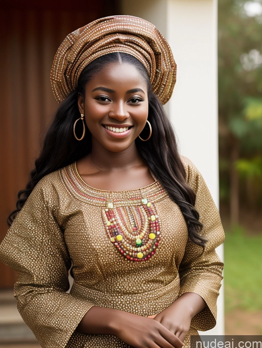 ai nude image of smiling woman in traditional african dress with large gold hoop earrings pics of Happy Long Hair Woman 18 Black Hair Dark Skin Front View Nigerian Traditional