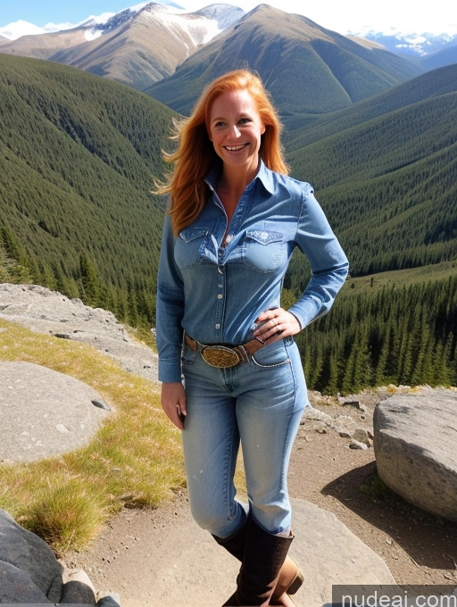 ai nude image of arafed woman in a denim shirt and jeans standing on a rock pics of One Perfect Boobs 40s Happy Blonde Long Hair Irish Boots Jeans Western Mountains Shirt Front View Model