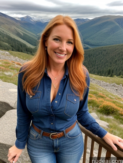 ai nude image of smiling woman in denim shirt and jeans standing on a wooden railing pics of One Perfect Boobs 40s Happy Long Hair Boots Jeans Mountains Shirt Front View Model Blouse Blonde Irish