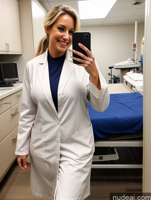 ai nude image of woman in white lab coat taking a selfie in a hospital room pics of Woman Busty Huge Boobs Beautiful Skinny 20s Laughing Blonde Hospital Nude Lab Coat Teacher Jeans Ponytail