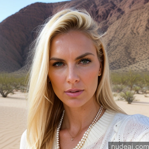 ai nude image of blond woman with long hair and pearl necklace in desert area pics of Woman Perfect Boobs Big Ass Perfect Body Fairer Skin Blonde Brazilian Stylish Tall 20s Pearl Jewelry Slicked Soft + Warm Sweater Yoga Close-up View Desert Angry