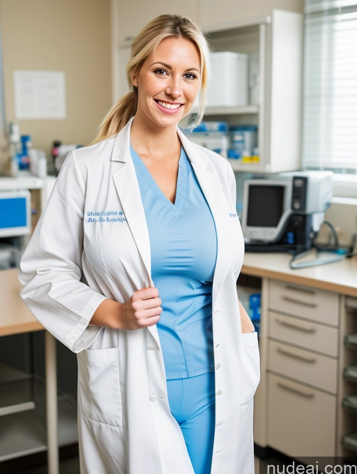 ai nude image of smiling woman in lab coat standing in front of a desk pics of Woman Busty Huge Boobs Beautiful Skinny 20s Laughing Blonde Hospital Nude Lab Coat Teacher Ponytail Fairer Skin