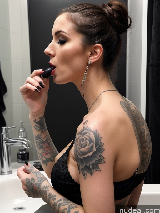 ai nude image of there is a woman that is brushing her teeth in the bathroom pics of Woman Perfect Boobs Beautiful Tattoos Big Ass Fairer Skin 20s Seductive British Mirror Selfie Front View Goth Blowjob Bathroom Two Brunette Curly Hair