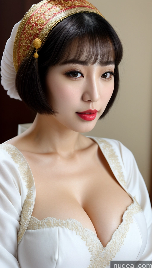 ai nude image of there is a woman with a hat on her head posing for a picture pics of Woman One Huge Boobs Beautiful Lipstick Fairer Skin 30s Black Hair Bobcut Korean Close-up View Simple Detailed Traditional