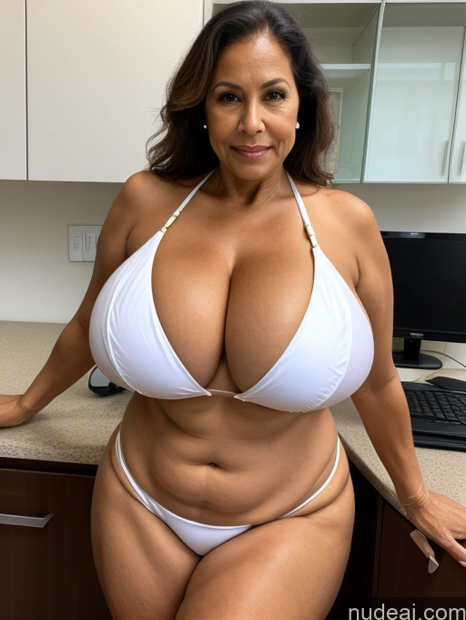 ai nude image of araffe woman in a white bikini posing in a kitchen pics of Milf One Busty Huge Boobs Tanned Skin Front View Microkini Thong Brazilian 70s Lab Coat Professor