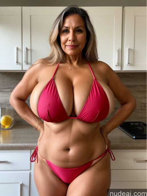 ai nude image of arafed woman in a pink bikini posing in a kitchen pics of Milf One Front View Microkini Thong Busty Huge Boobs Tanned Skin 70s Brazilian Lab Coat Professor