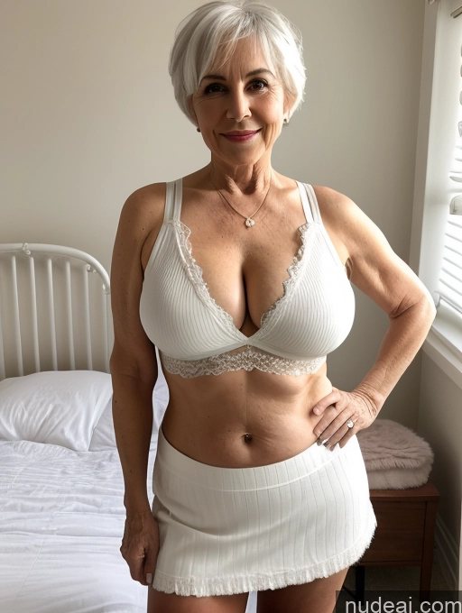 ai nude image of there is a woman in a white skirt posing for a picture pics of Milf Busty Small Ass Skinny Pubic Hair 70s White Hair Pixie Bedroom Crop Top Micro Skirt Cleavage