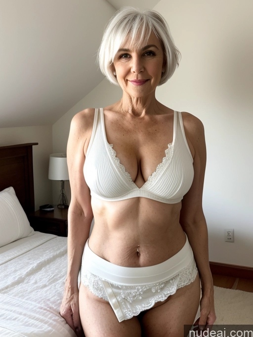 ai nude image of there is a woman in a white bra top and panties posing for a picture pics of Milf Busty Small Ass Skinny Pubic Hair 70s White Hair Pixie Bedroom Crop Top Micro Skirt Cleavage