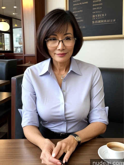 ai nude image of woman sitting at a table with a cup of coffee in front of her pics of Milf Perfect Boobs Perfect Body Beautiful Glasses 50s Short Hair Chinese Cafe Blouse Bra Casual Professor Secretary Shirt Stylish Suit Detailed