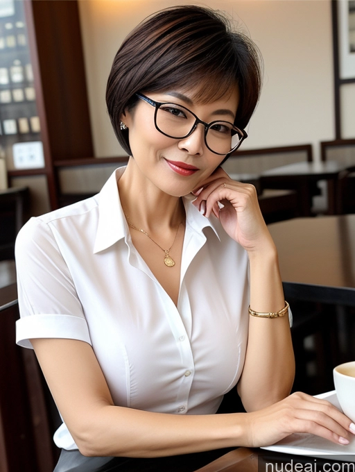 ai nude image of woman in white shirt and glasses sitting at a table with a cup of coffee pics of Milf Perfect Boobs Perfect Body Beautiful Glasses 50s Short Hair Chinese Cafe Blouse Bra Casual Professor Secretary Shirt Stylish Suit Detailed