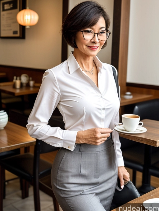 ai nude image of woman in a white shirt and grey skirt holding a cup of coffee pics of Milf Perfect Boobs Perfect Body Beautiful Glasses Short Hair Chinese Cafe Blouse Bra Casual Professor Secretary Shirt Stylish Suit Detailed Cleavage 60s